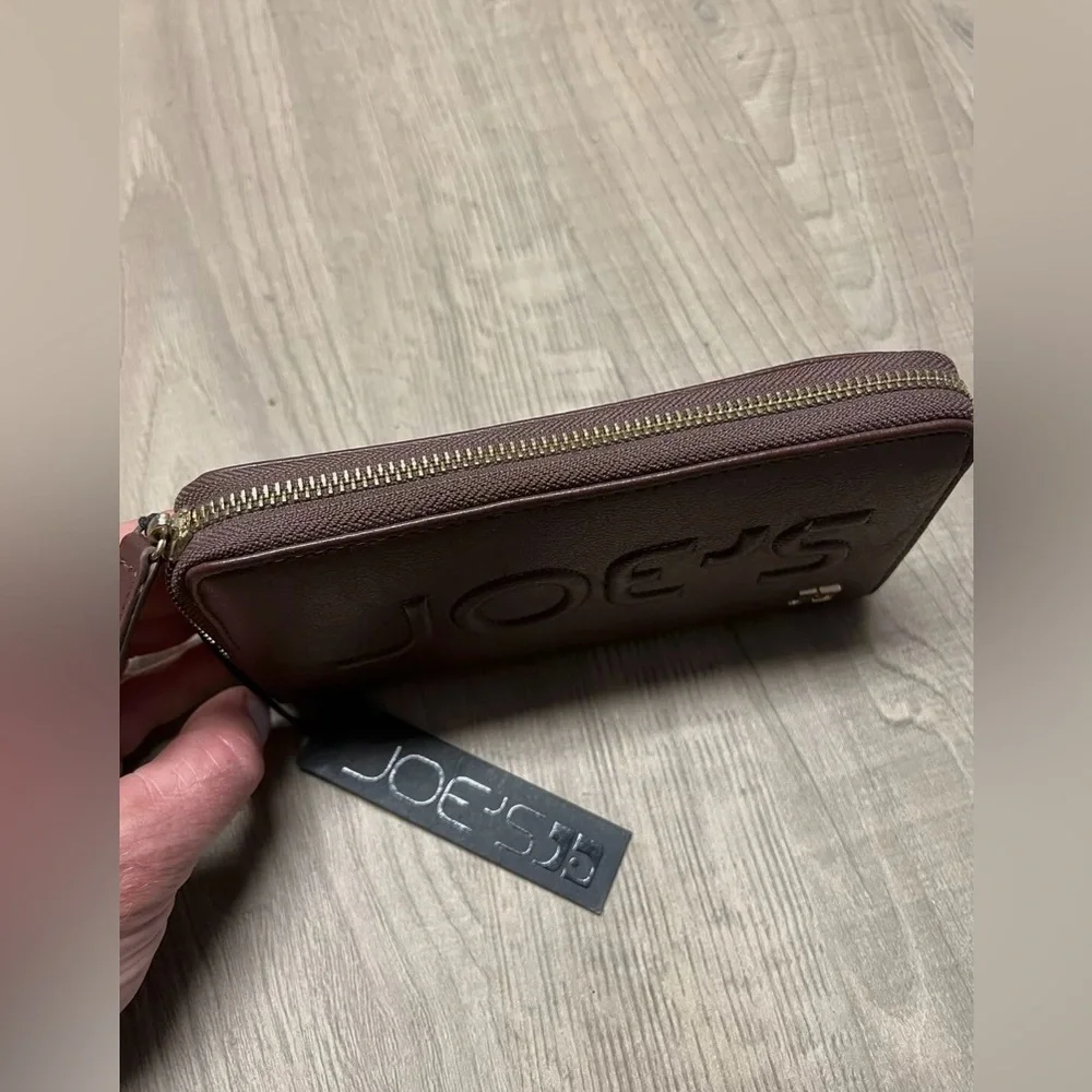 JOE'S Jeans Brown Embossed Logo Leather Zip Around ‎ Long Wallet  Clutch